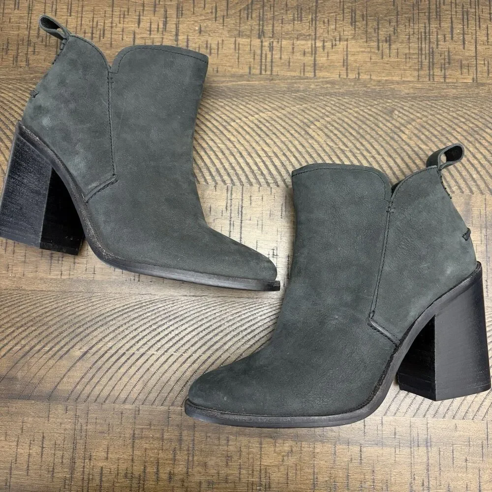 UGG Women Pixley Boot Size 8.5 Gray Nubuck Leather Block Heels Y2K Academia Boho